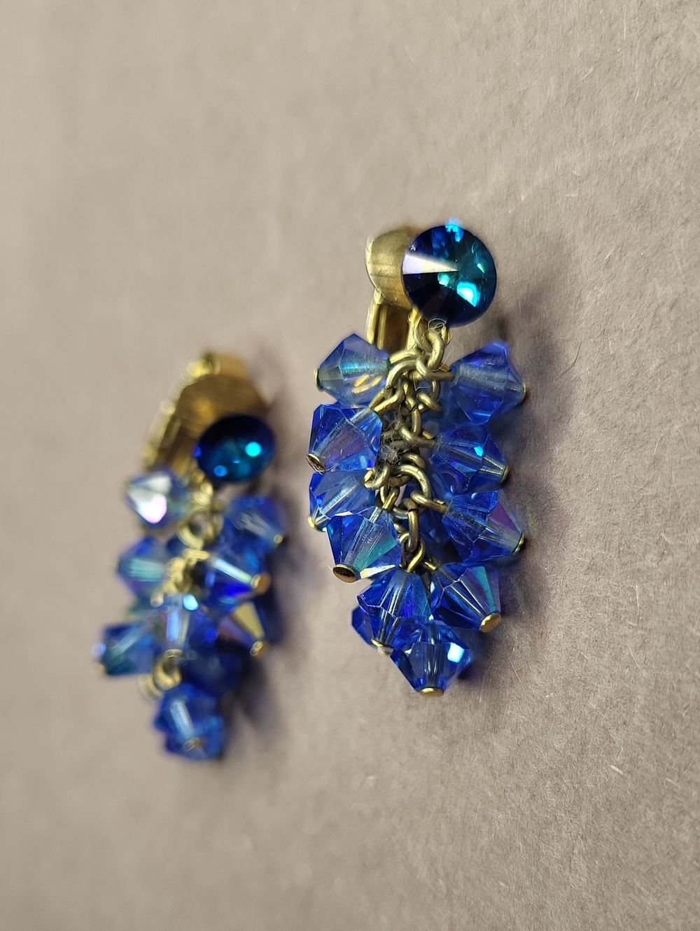 Blue Crystal Cluster Drop Clip Earrings